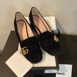 Gucci Black Suede Heeled Loafers